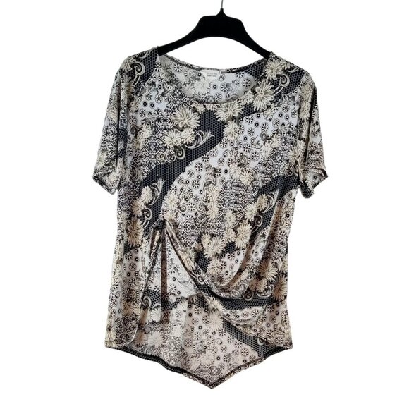 Silky Jersey Knit Tunic Top Black White 2X Exclusive One Floral Print Asymmetric - Picture 6 of 11